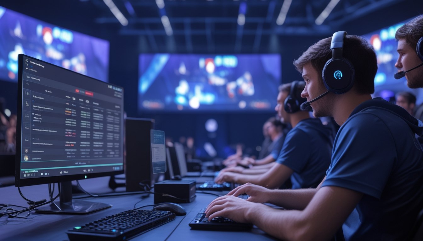Dua pemain esports bertanding di arena modern dengan penonton dan layar pertandingan, sementara laptop serta ponsel menampilkan data permainan.