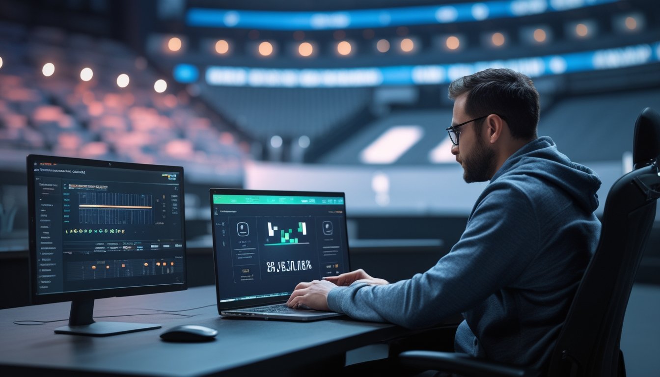 Orang dewasa menganalisis data pertandingan esports di laptop dalam suasana kerja yang modern.