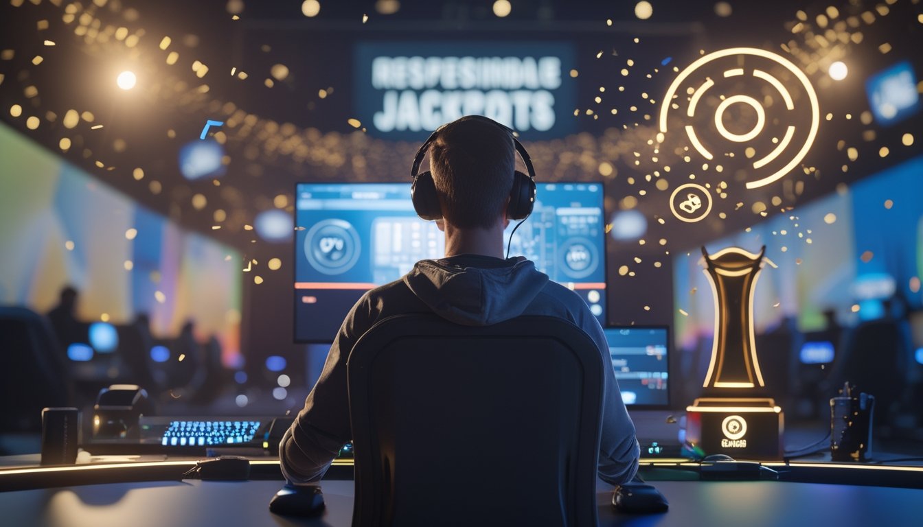 Pemain esports dewasa bermain di studio gaming modern dengan pencahayaan warna-warni dan suasana perayaan.