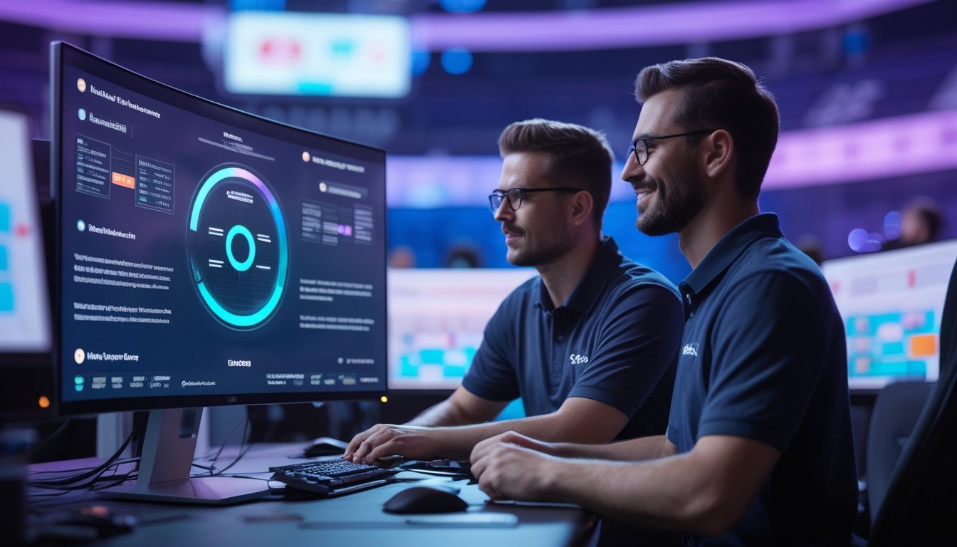 Dua analis esports memeriksa grafik pertandingan dan elemen jackpot abstrak pada monitor di studio teknologi modern.