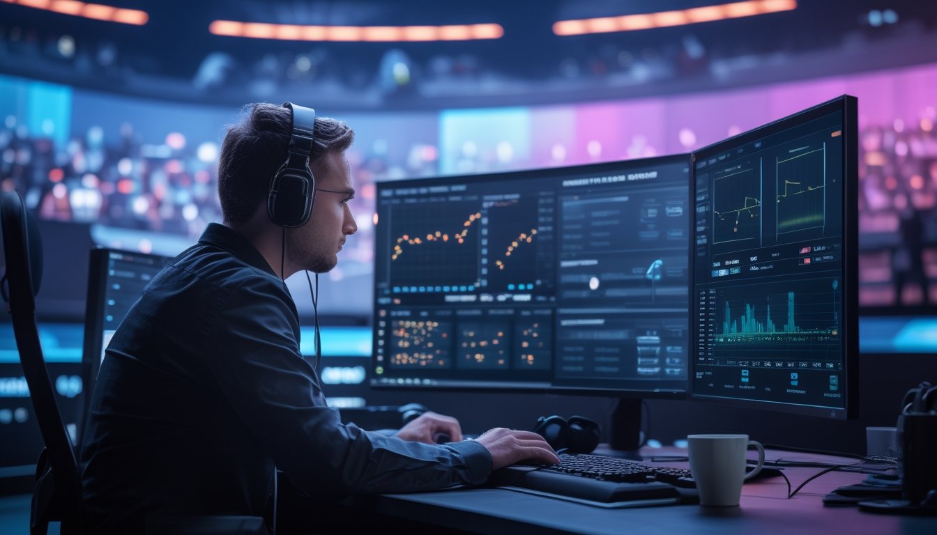 Seorang analis esports mempelajari data pertandingan di beberapa monitor dalam studio gaming modern.
