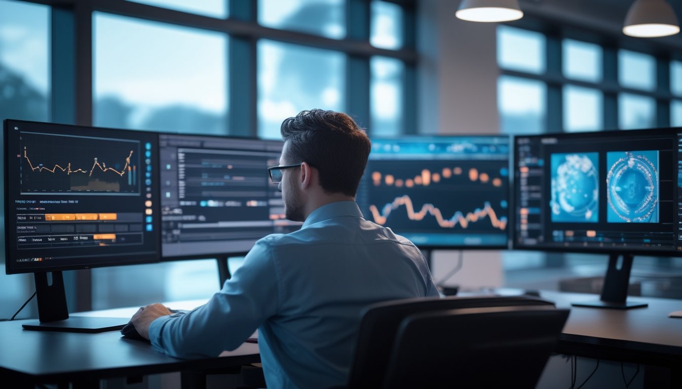 Seorang analis esports mempelajari data pertandingan pada beberapa monitor di ruang kerja modern.