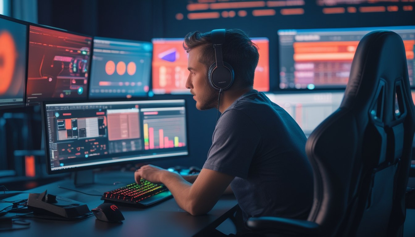 Seorang penggemar esports menganalisis data pertandingan di depan beberapa monitor dalam ruang kerja modern.