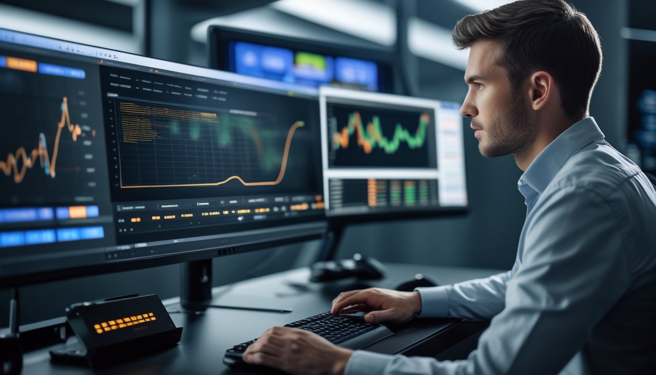 Seorang analis memeriksa data esports dan grafik kinerja di ruang kerja modern.