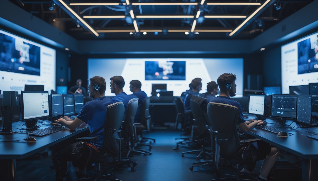 Sekelompok pemain esports dewasa bertanding di arena gaming modern dengan komputer dan pencahayaan biru-ungu.