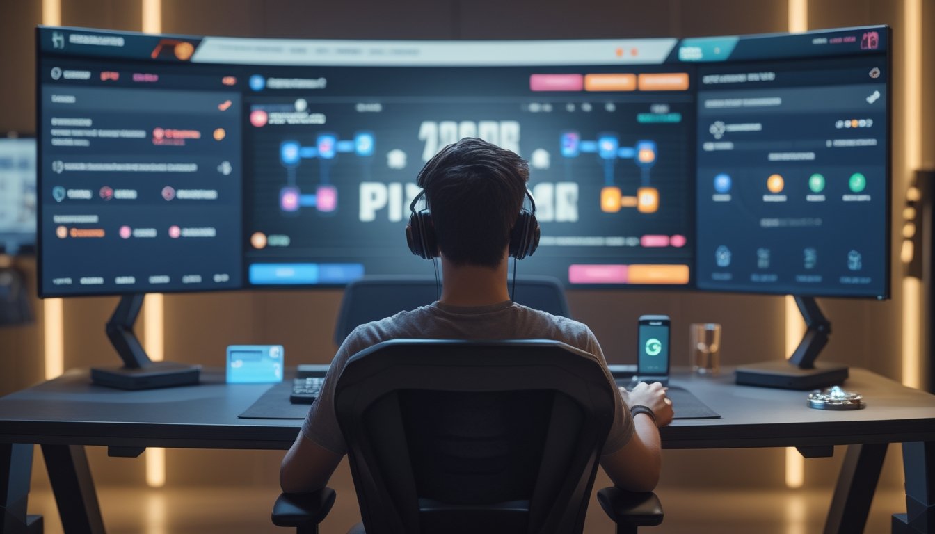 Pemain esports mengikuti turnamen gim daring di depan komputer dengan tampilan kompetisi futuristis dan trofi di latar belakang.