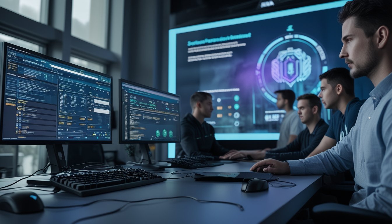 Tim profesional memantau keamanan dan verifikasi platform turnamen esports online di ruang kerja modern.