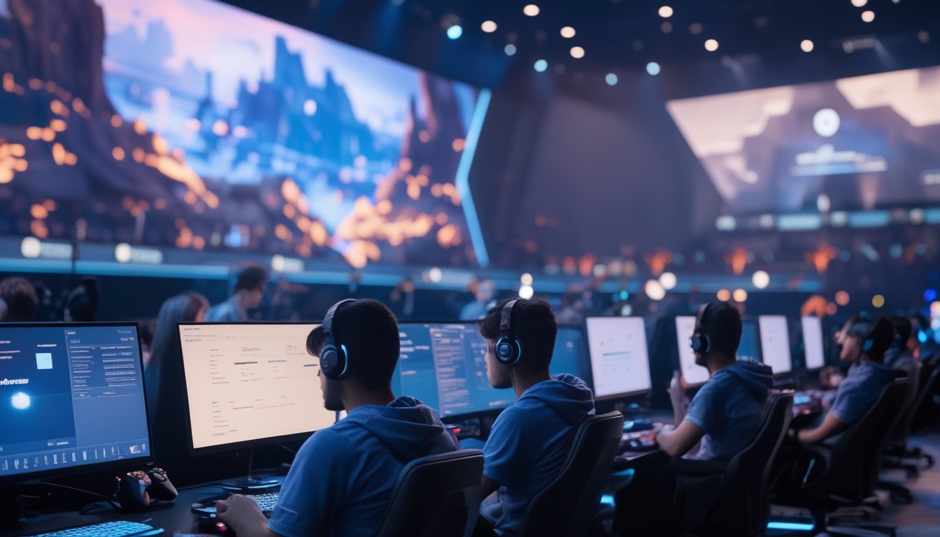 Pemain esports berkompetisi di arena modern dengan komputer, ponsel, dan penonton.