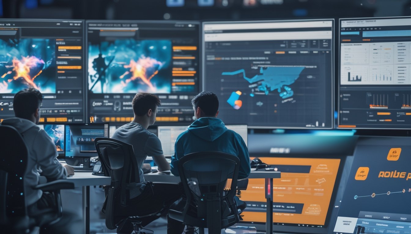 Sekelompok pemain esports menganalisis pertandingan gim menggunakan komputer dan ponsel di ruang gaming modern.