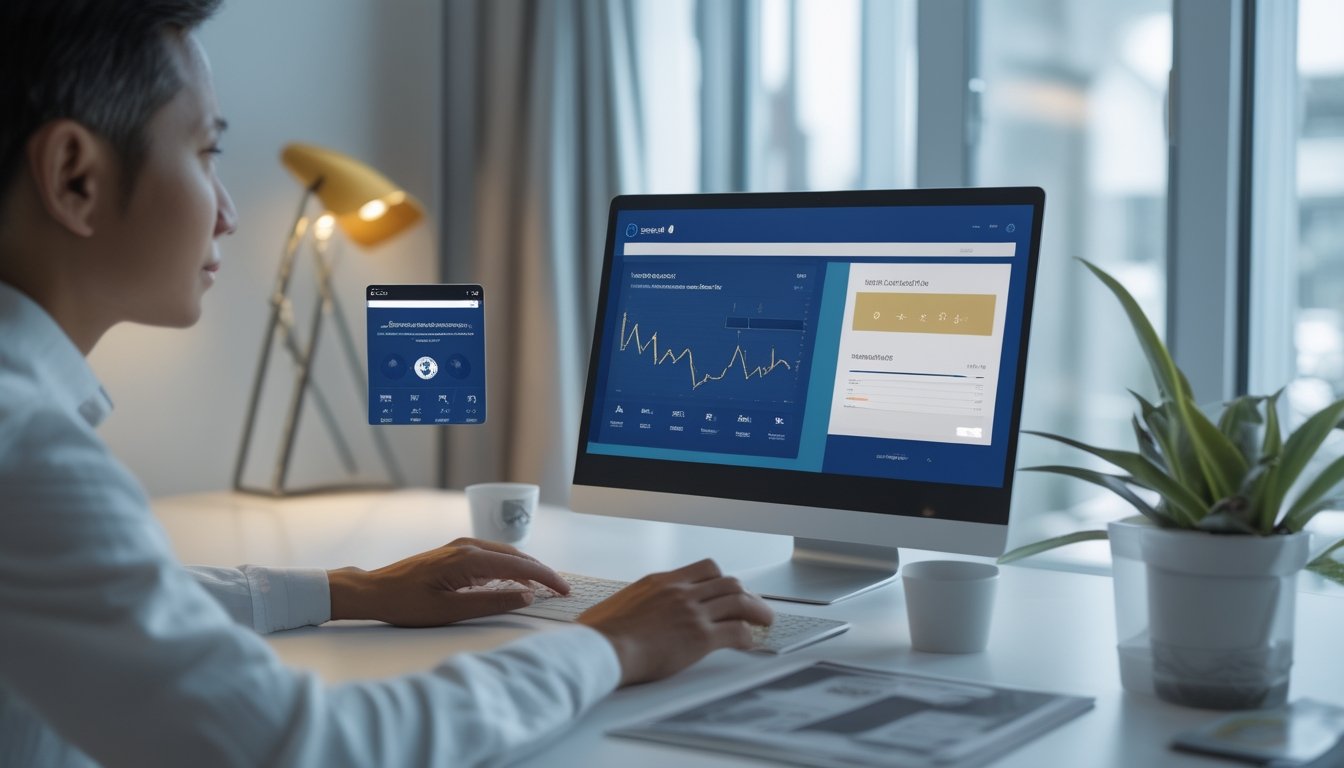 Orang dewasa melihat dashboard analitik abstrak pada laptop dan ponsel di ruang kerja modern.