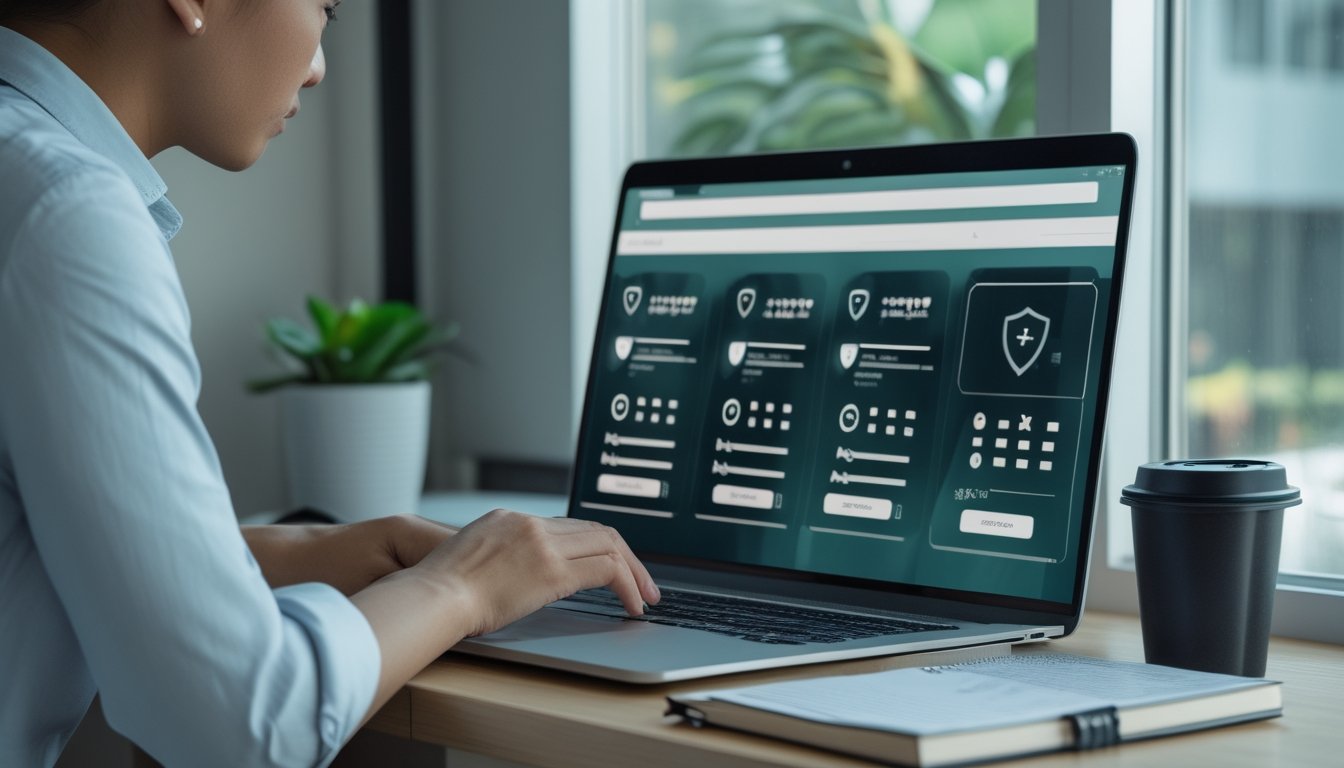 Seseorang membandingkan beberapa platform digital di laptop dengan simbol keamanan, grafik, dan kalkulator di meja.
