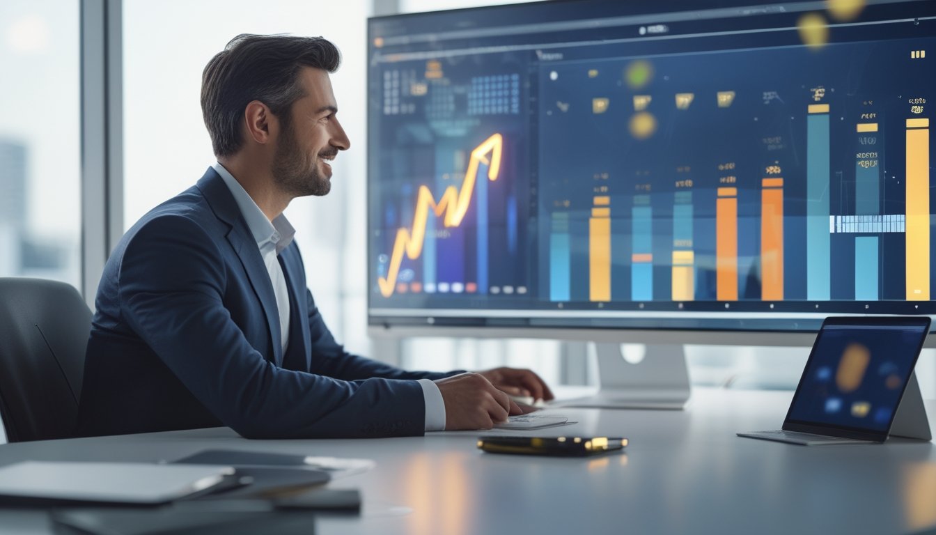 Seorang profesional melihat dasbor analitik dengan grafik menanjak di kantor modern.