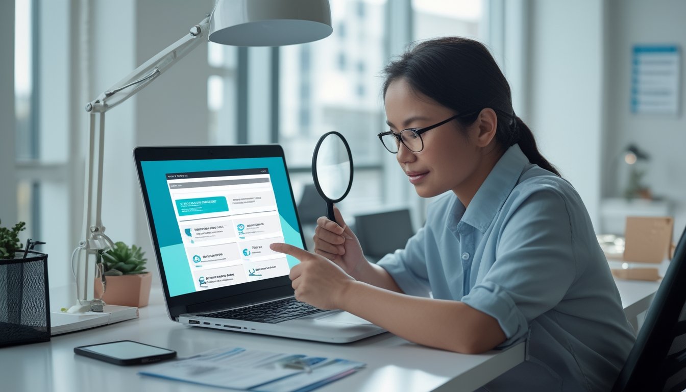 Seorang profesional memeriksa kredibilitas platform digital di laptop dengan bantuan daftar periksa dan alat tulis.