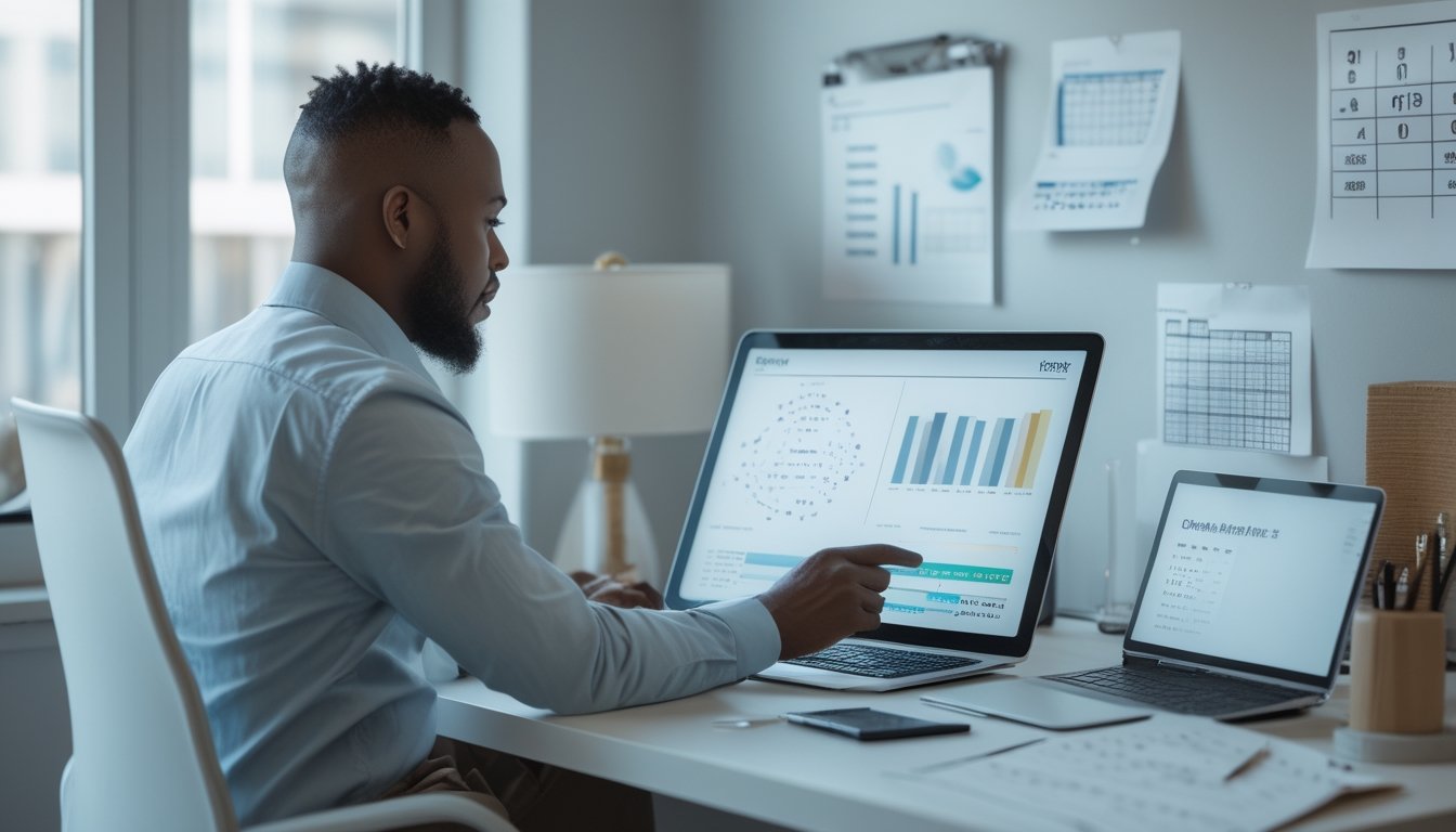 Seorang analis dewasa mempelajari grafik statistik dan data probabilitas di meja kerja modern.