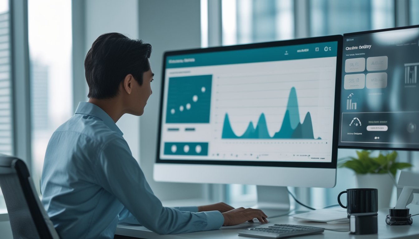 Seorang analis meninjau grafik statistik dan pola angka di depan laptop dalam suasana kantor modern.