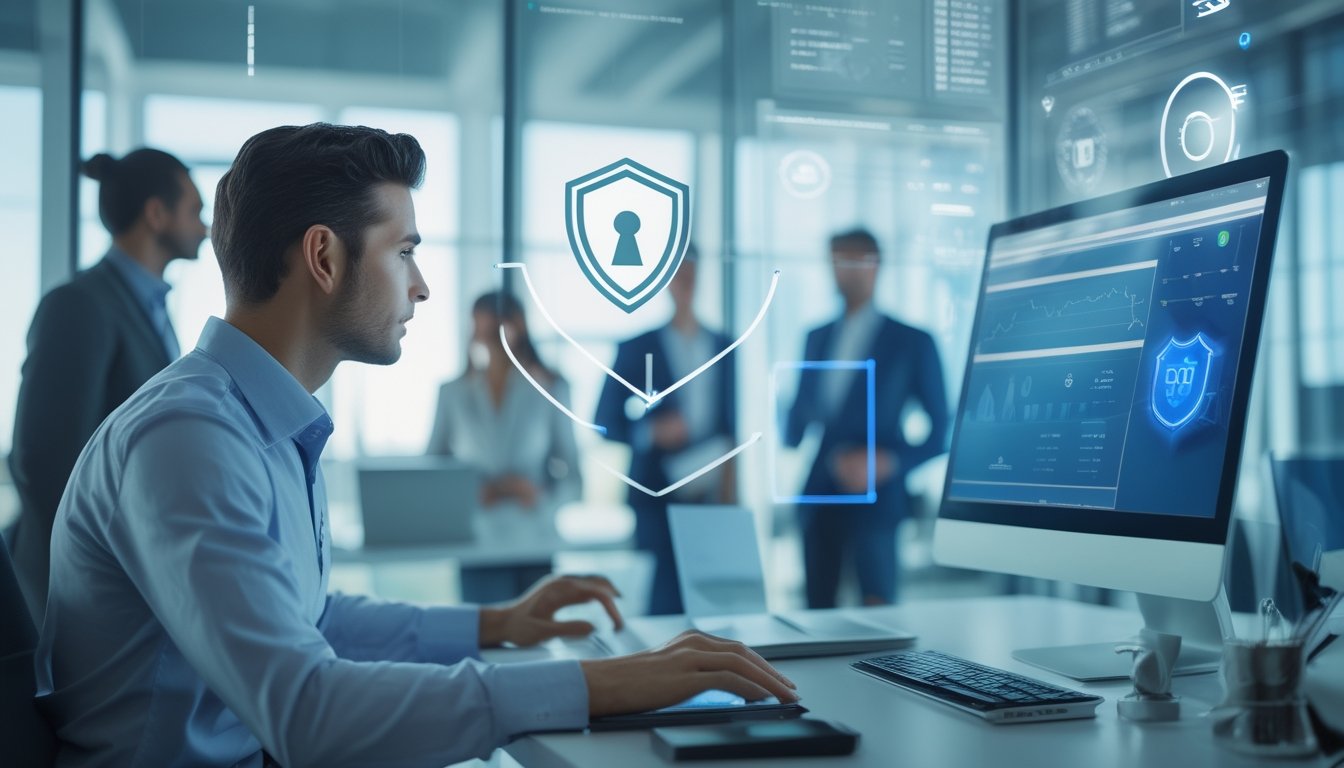 Analis kepatuhan meninjau platform digital aman bersama tim di kantor modern.