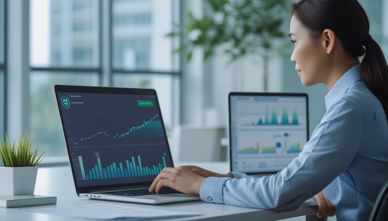 Seorang profesional bekerja di depan laptop yang menampilkan grafik analisis digital abstrak di kantor modern.