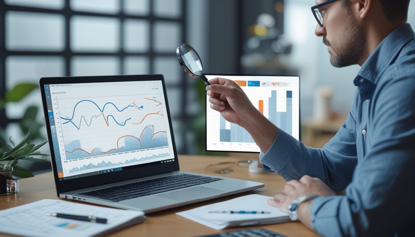 Seorang analis mengamati grafik abstrak pada laptop di ruang kerja modern.