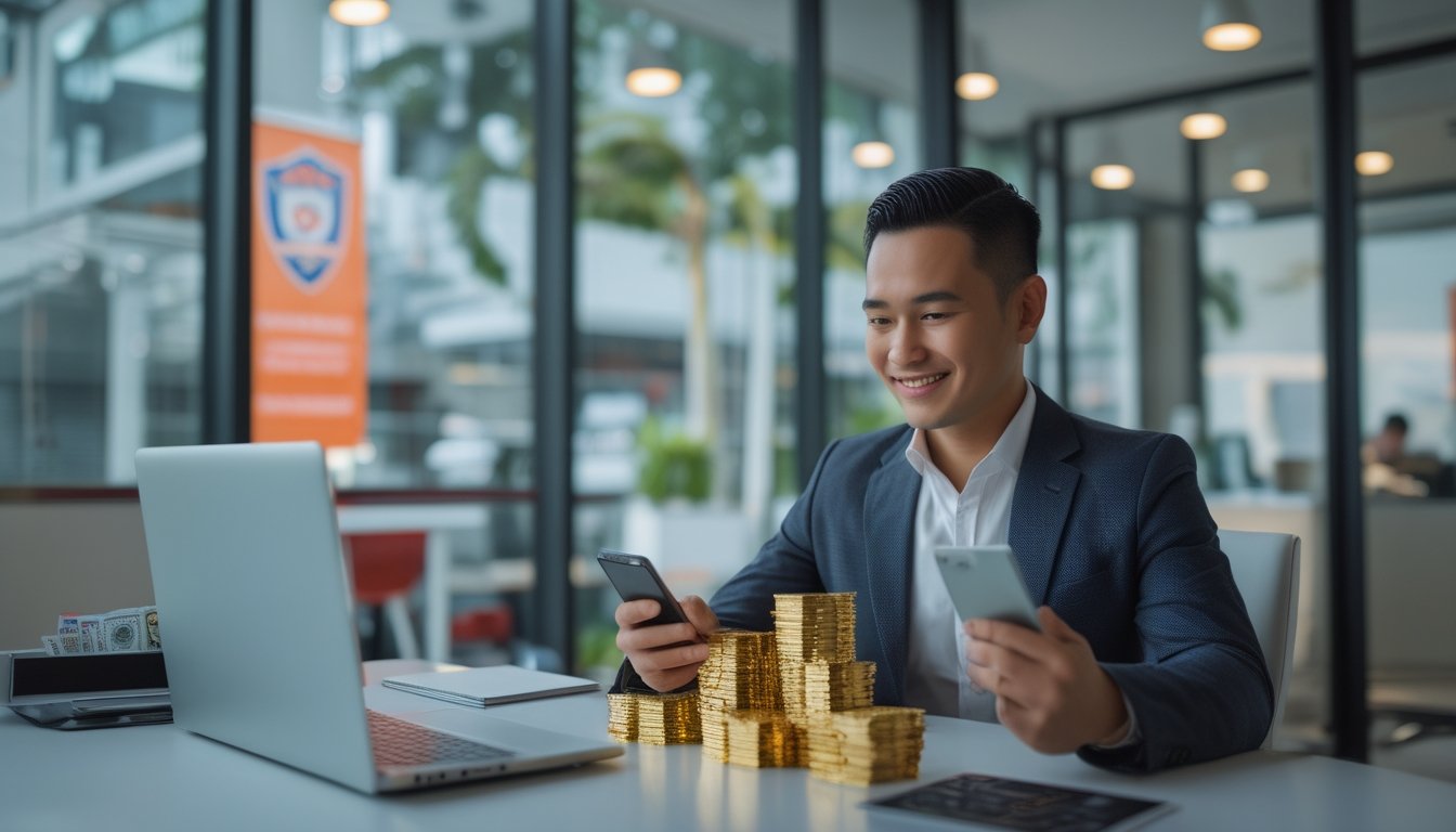 Profesional Indonesia memeriksa dasbor digital di kantor modern dengan simbol keamanan dan hadiah di atas meja.