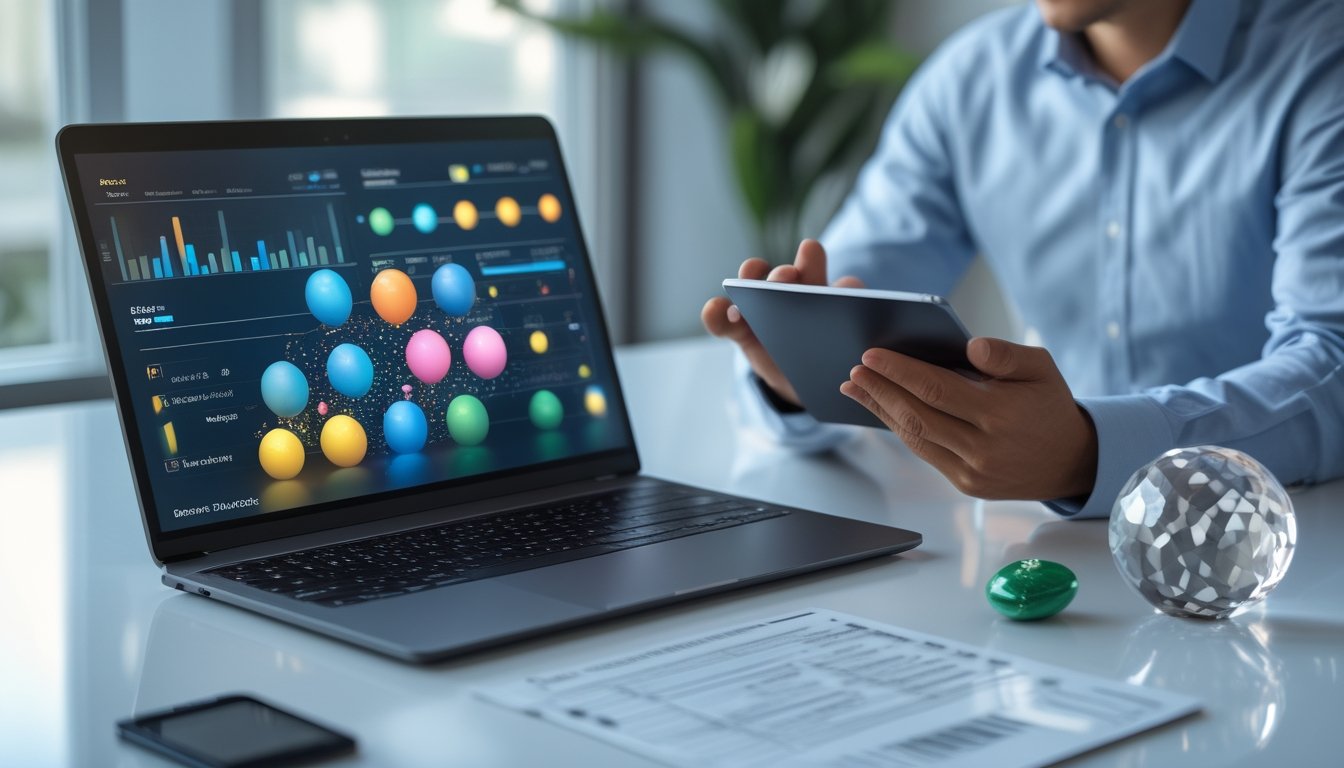 Seorang analis memeriksa data abstrak di meja kerja dengan laptop, tablet, dan bola undian berwarna.