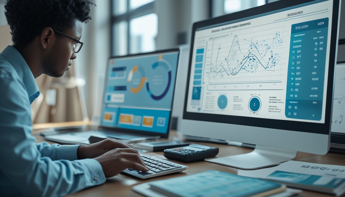 Seorang analis meninjau grafik angka dan pola probabilitas di ruang kerja modern.