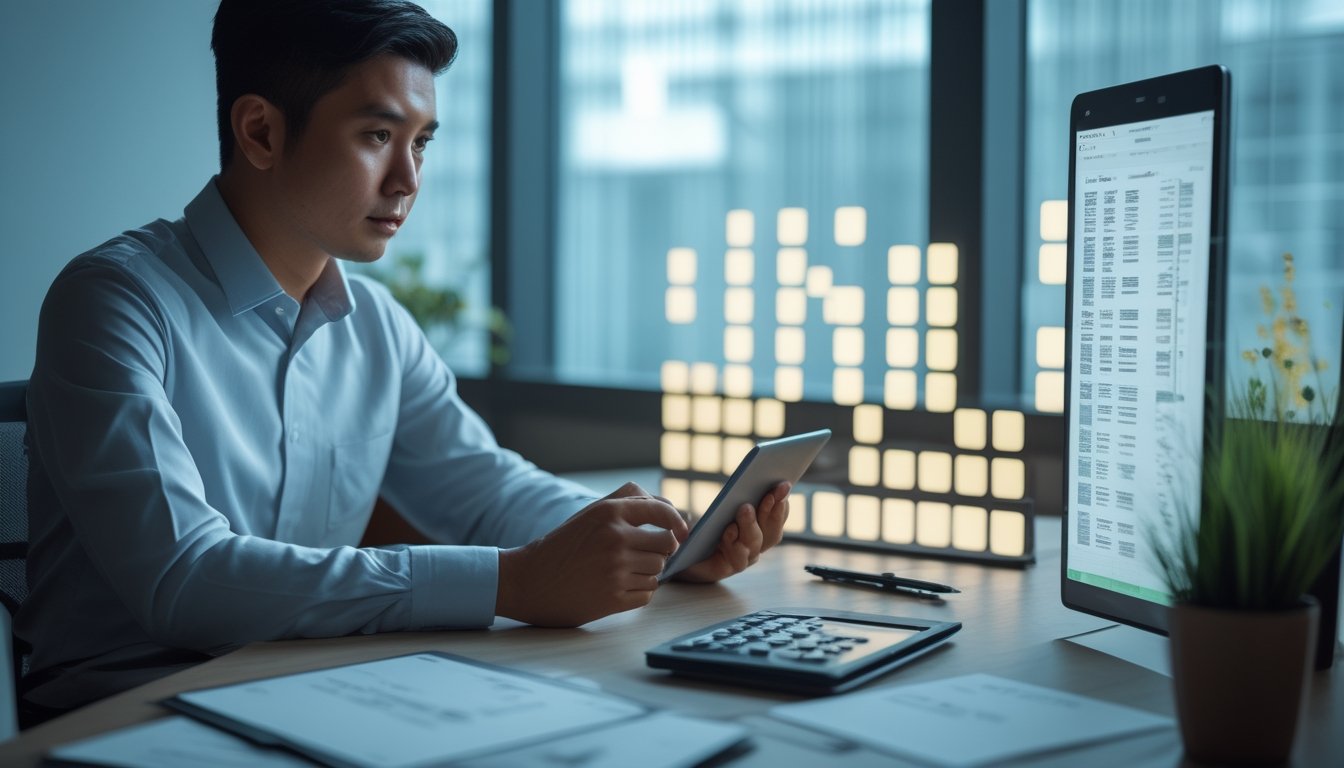 Seorang profesional menganalisis token dan data abstrak di meja kerja modern.