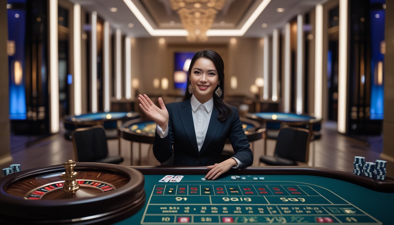 Seorang dealer kasino wanita menyambut tamu di meja roulette dalam studio kasino mewah.