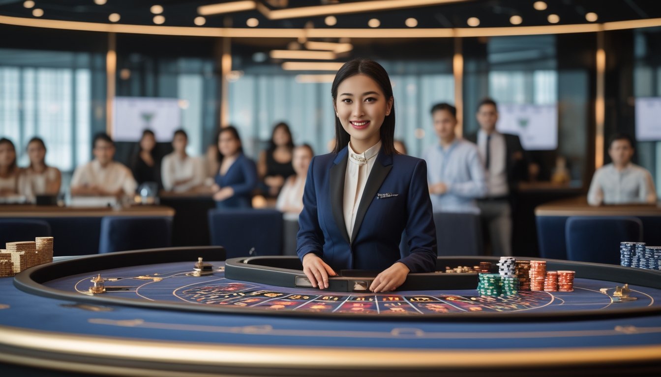 Dealer perempuan profesional berada di studio kasino modern dengan meja roulette dan suasana elegan.