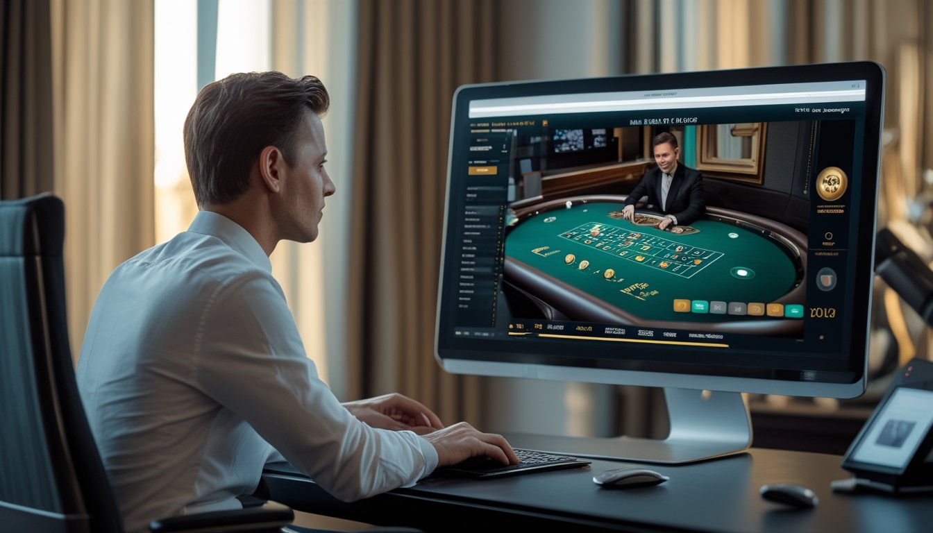 Seorang pemain dewasa menyaksikan dealer live casino di layar komputer dari ruang modern.