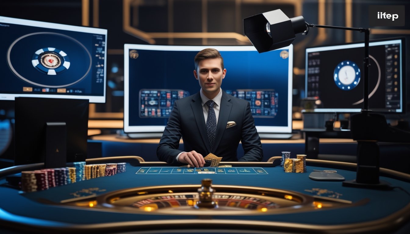 Dealer profesional membagikan kartu di meja kasino dengan kamera studio dan monitor siaran di sekitarnya.