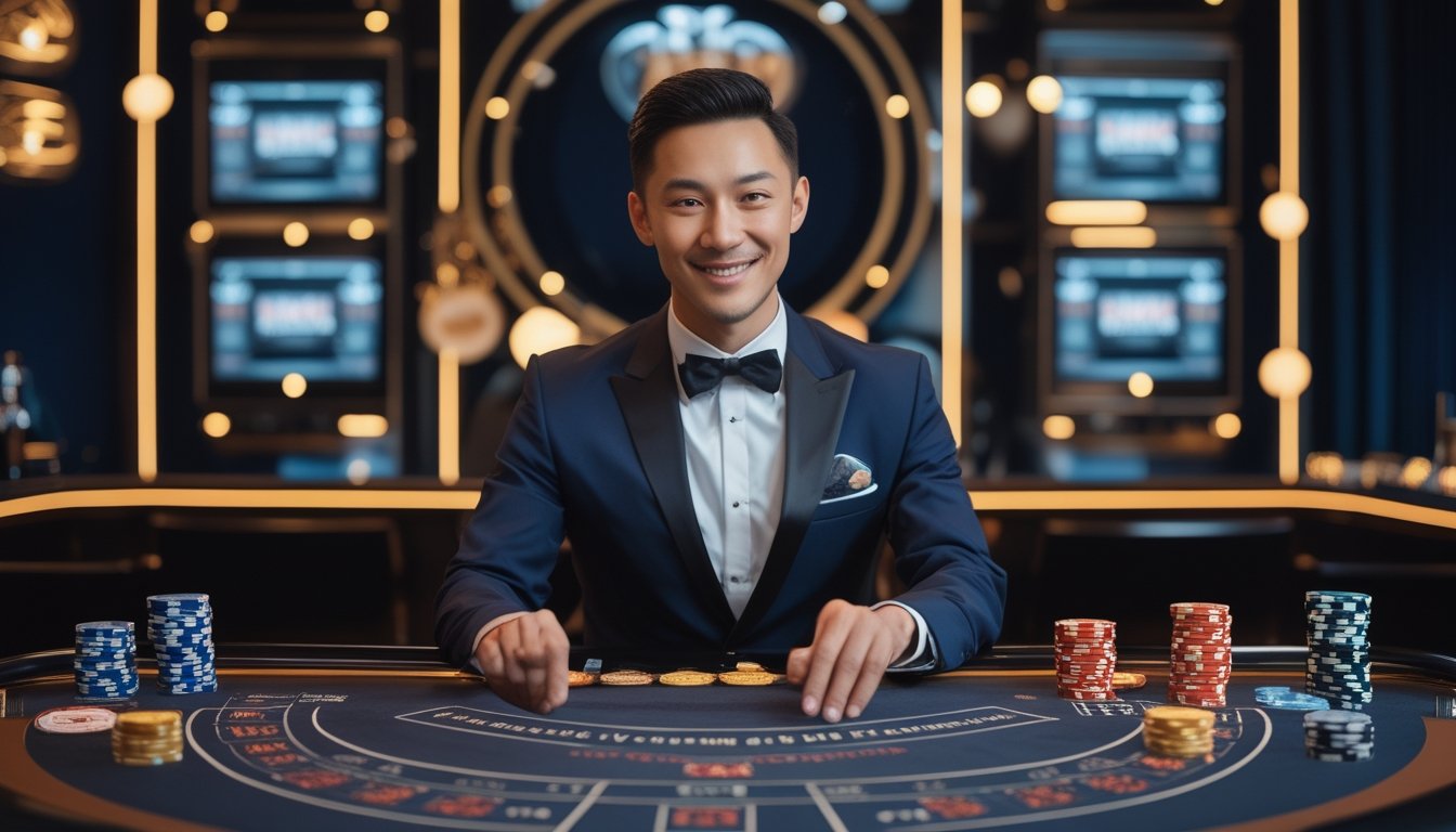 Presenter kasino duduk di meja permainan dengan kartu dan chip dalam suasana studio mewah.