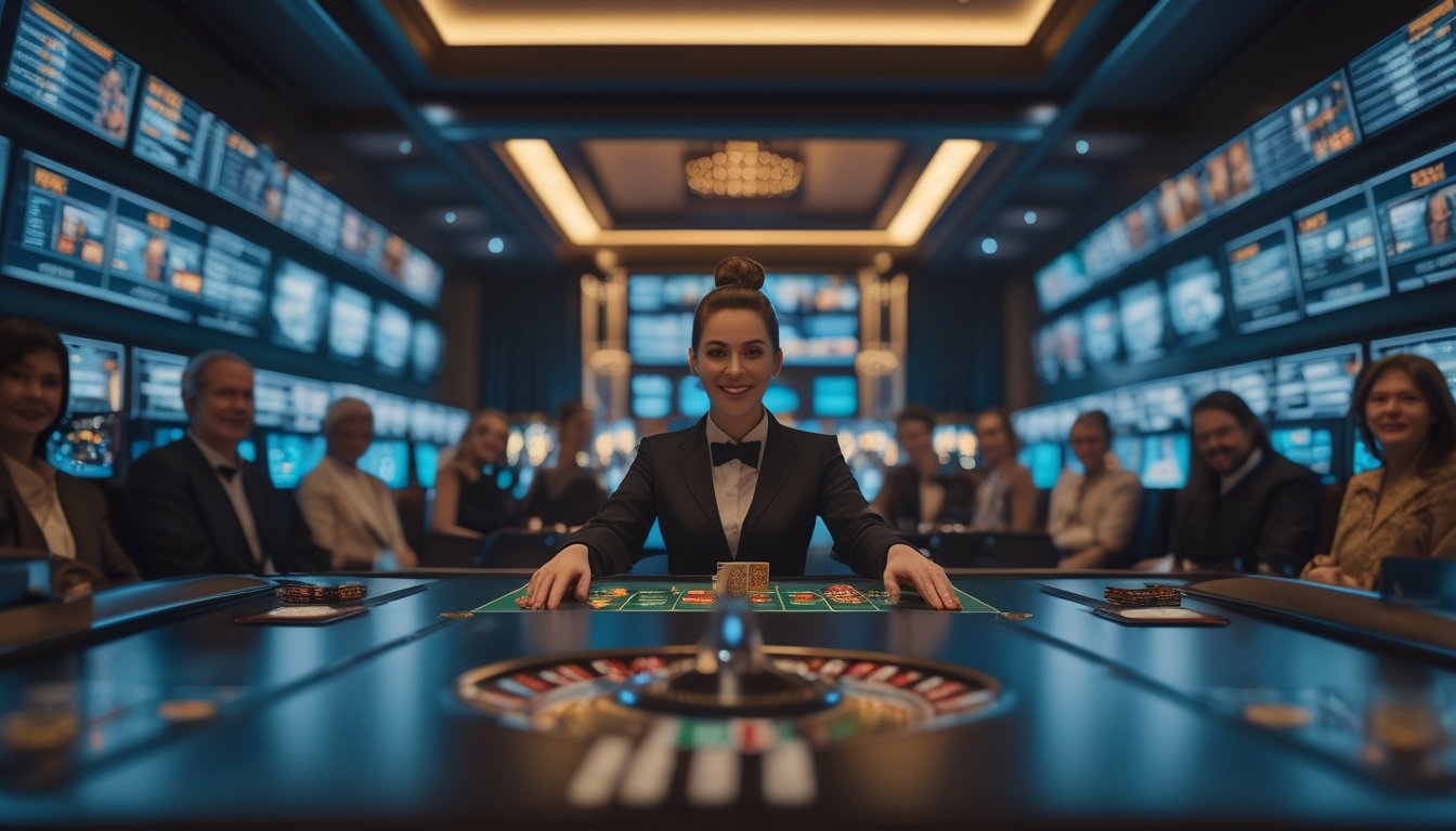Dealer kasino menyajikan permainan kartu di studio modern dengan pemain dewasa melalui layar.