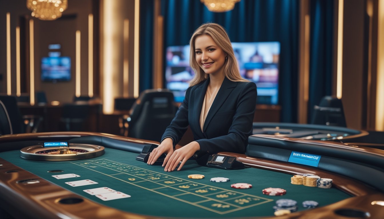 Dealer memandu permainan kasino langsung di meja roulette dalam studio kasino modern.