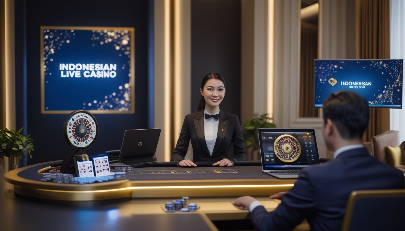 Dealer memandu permainan kasino langsung di studio elegan dengan pemain yang melihat melalui laptop.