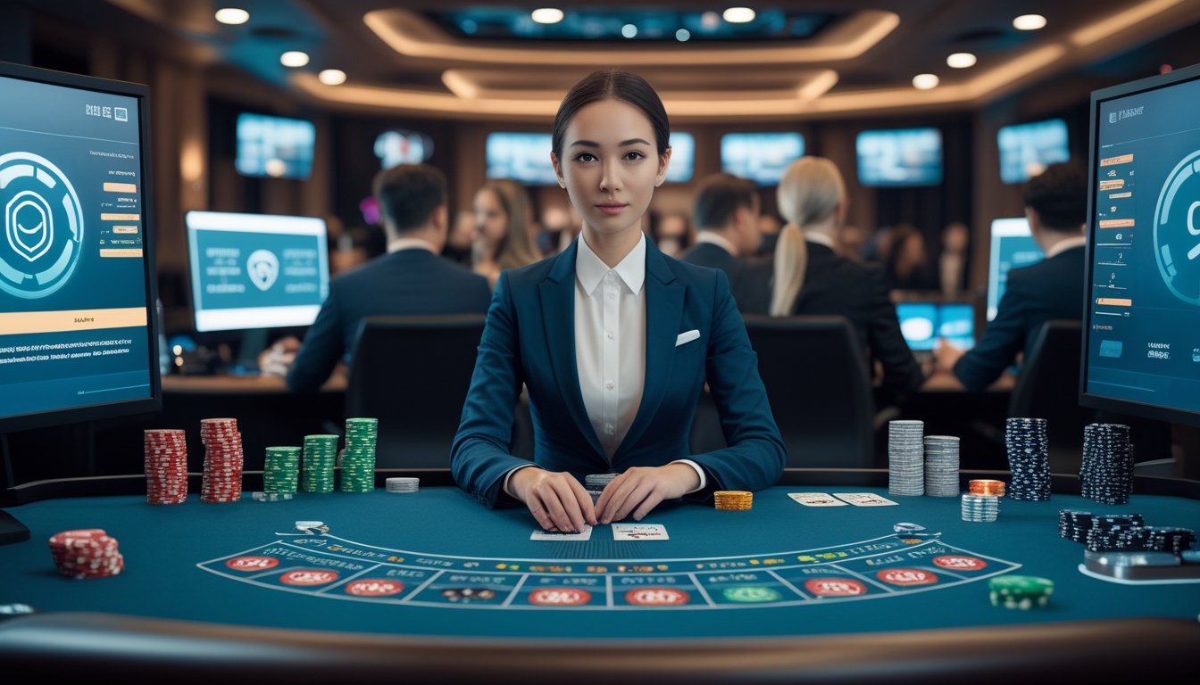 Dealer profesional membagikan kartu di studio kasino live dengan simbol keamanan digital dan pemain yang terhubung secara daring.