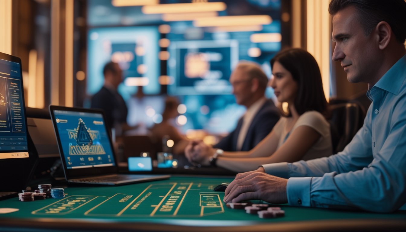 Suasana kasino daring modern dengan dealer dan meja blackjack, disertai perangkat digital serta kartu dan keping taruhan.