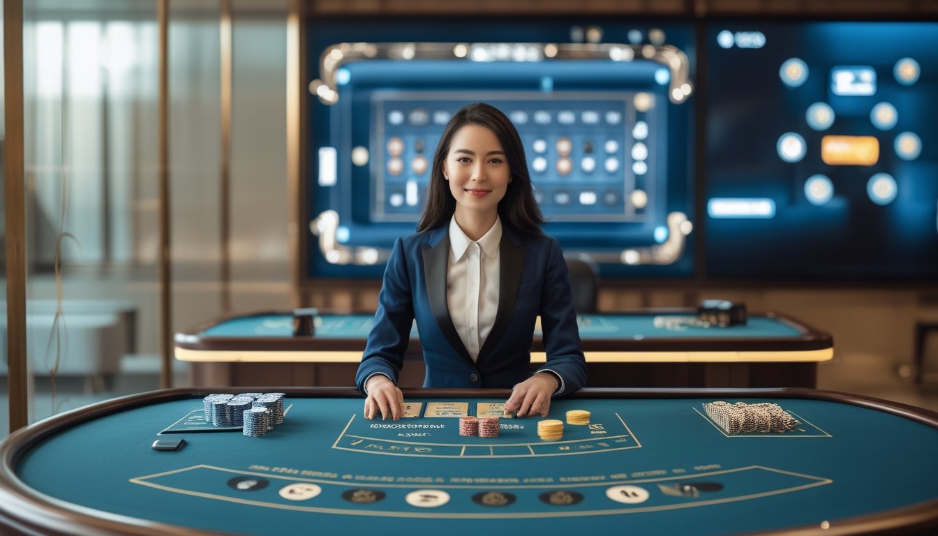 Presenter perempuan memandu permainan kasino langsung di meja roulette dalam studio modern.