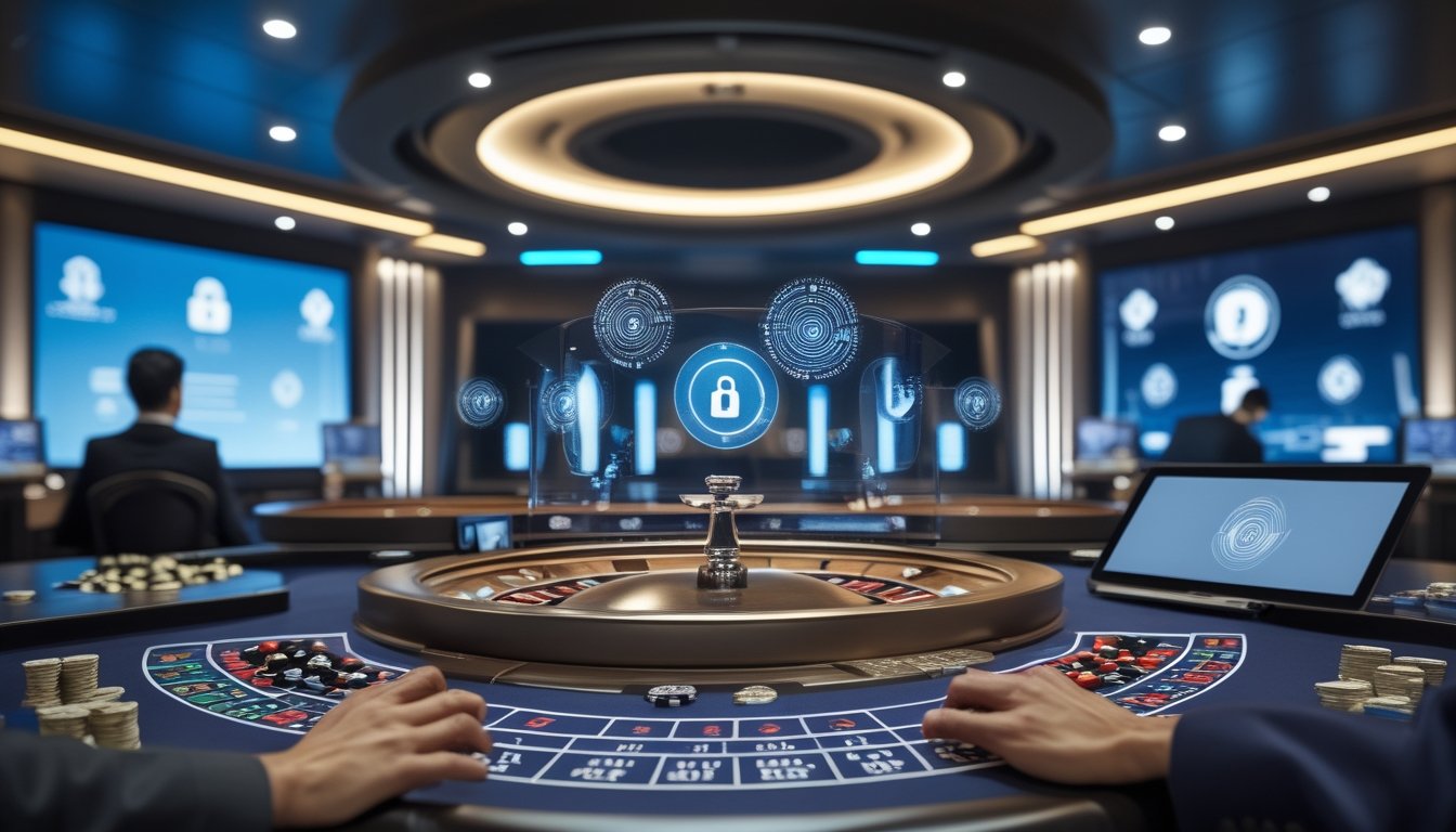 Dealer profesional berada di studio kasino langsung dengan meja roulette, perangkat digital, dan simbol keamanan siber.