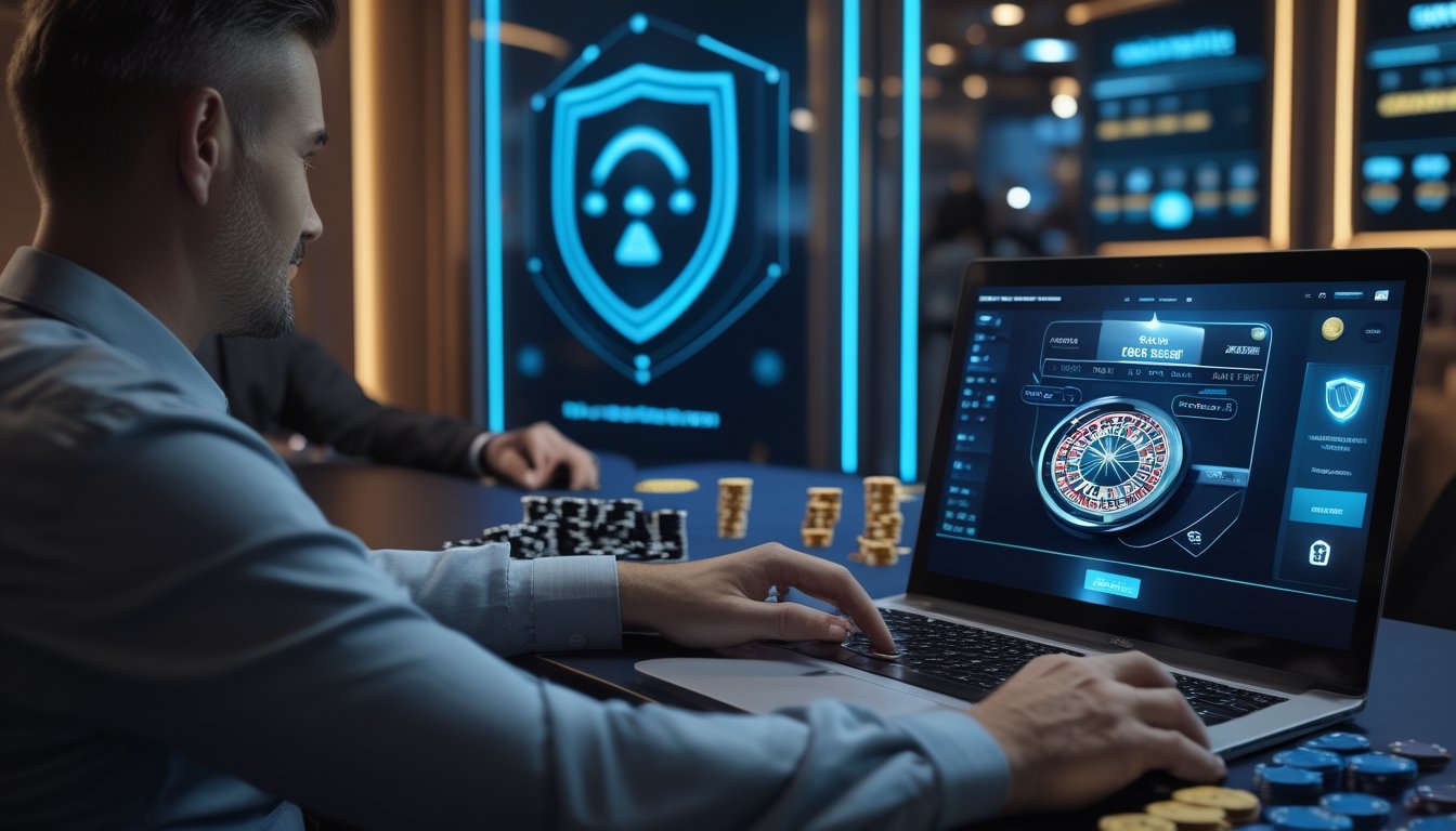 Seorang dewasa melihat permainan kasino live dengan dealer, meja kartu, roulette, dan chip di lingkungan modern.