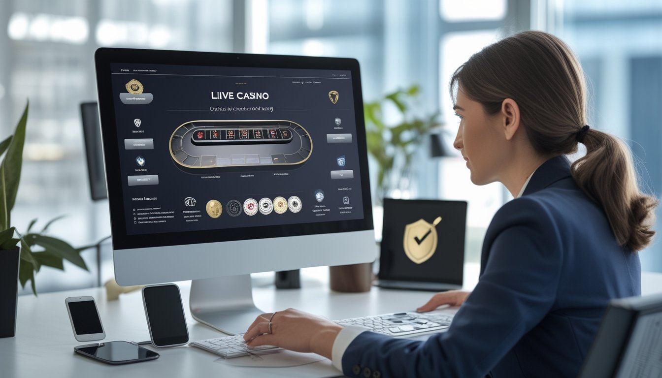 Seorang profesional dewasa memeriksa platform kasino daring pada laptop di meja kerja dengan simbol keamanan dan verifikasi.