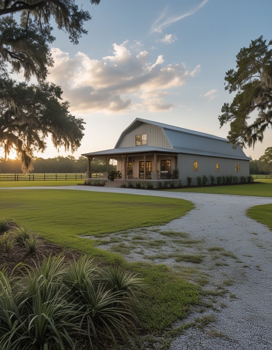 A modern barn-style home with a covered porch sits among oak trees, palms, green grass, and open pastureland.