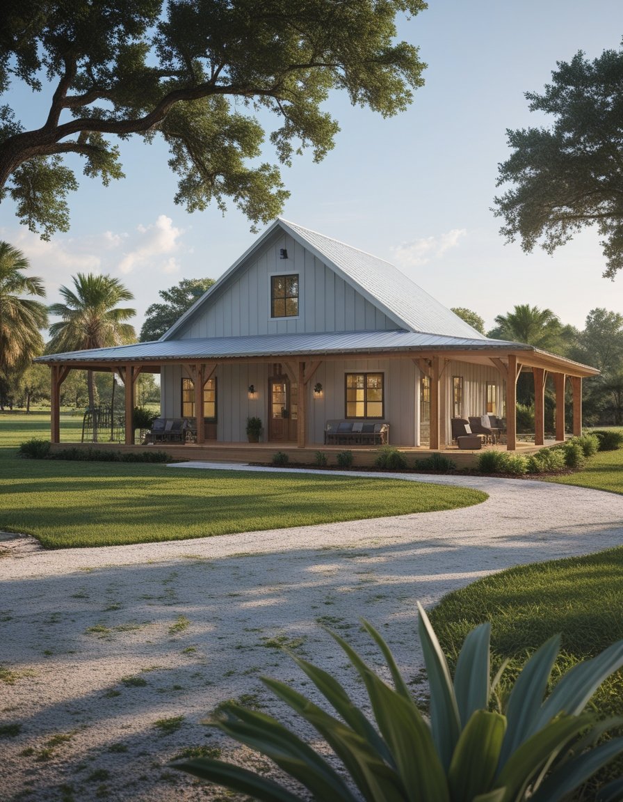 A welcoming Florida barndominium with a covered porch surrounded by palms, trees, and open rural lawn.