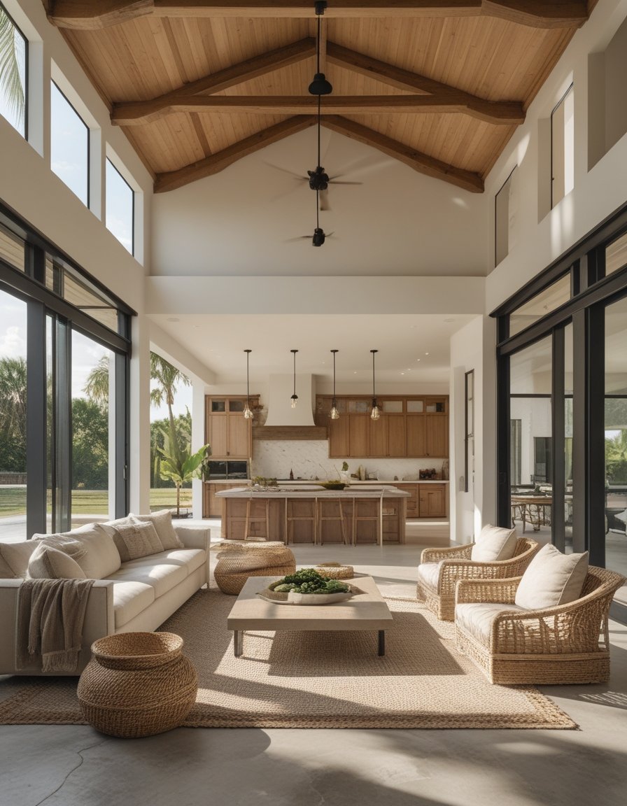 A bright, spacious barndominium great room with comfortable seating, exposed wood beams, large windows, and a tropical rural view.