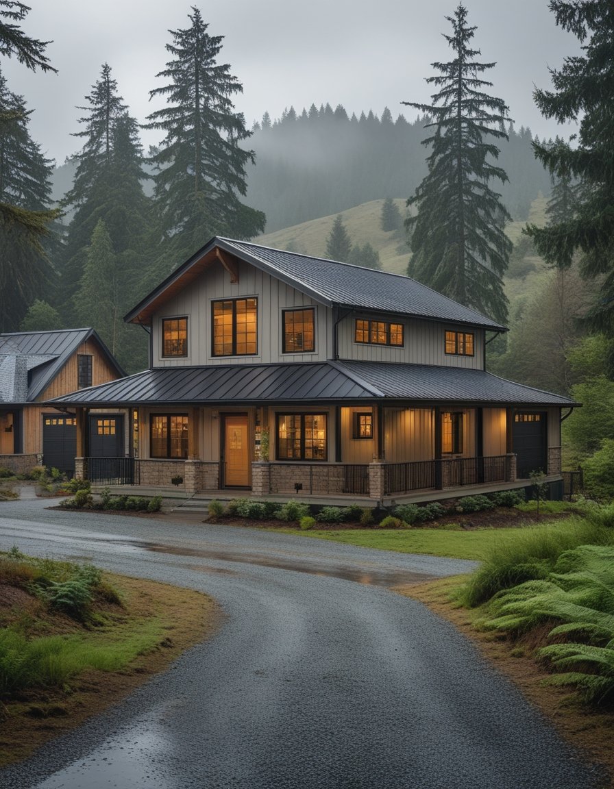 A modern cedar-sided barndominium surrounded by evergreen trees, ferns, and mossy Pacific Northwest landscaping.