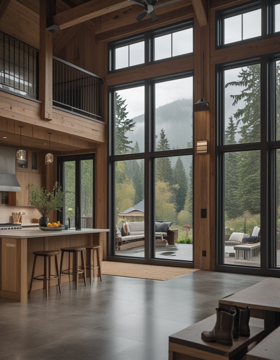 Open-concept Washington barndominium interior with a kitchen, dining area, living room, and views of evergreen trees and misty mountains.