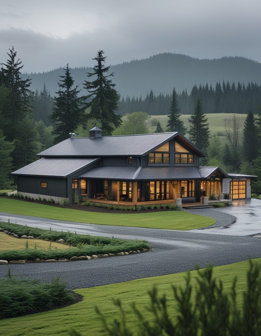 A modern barndominium surrounded by evergreens and ferns in a lush Pacific Northwest landscape.