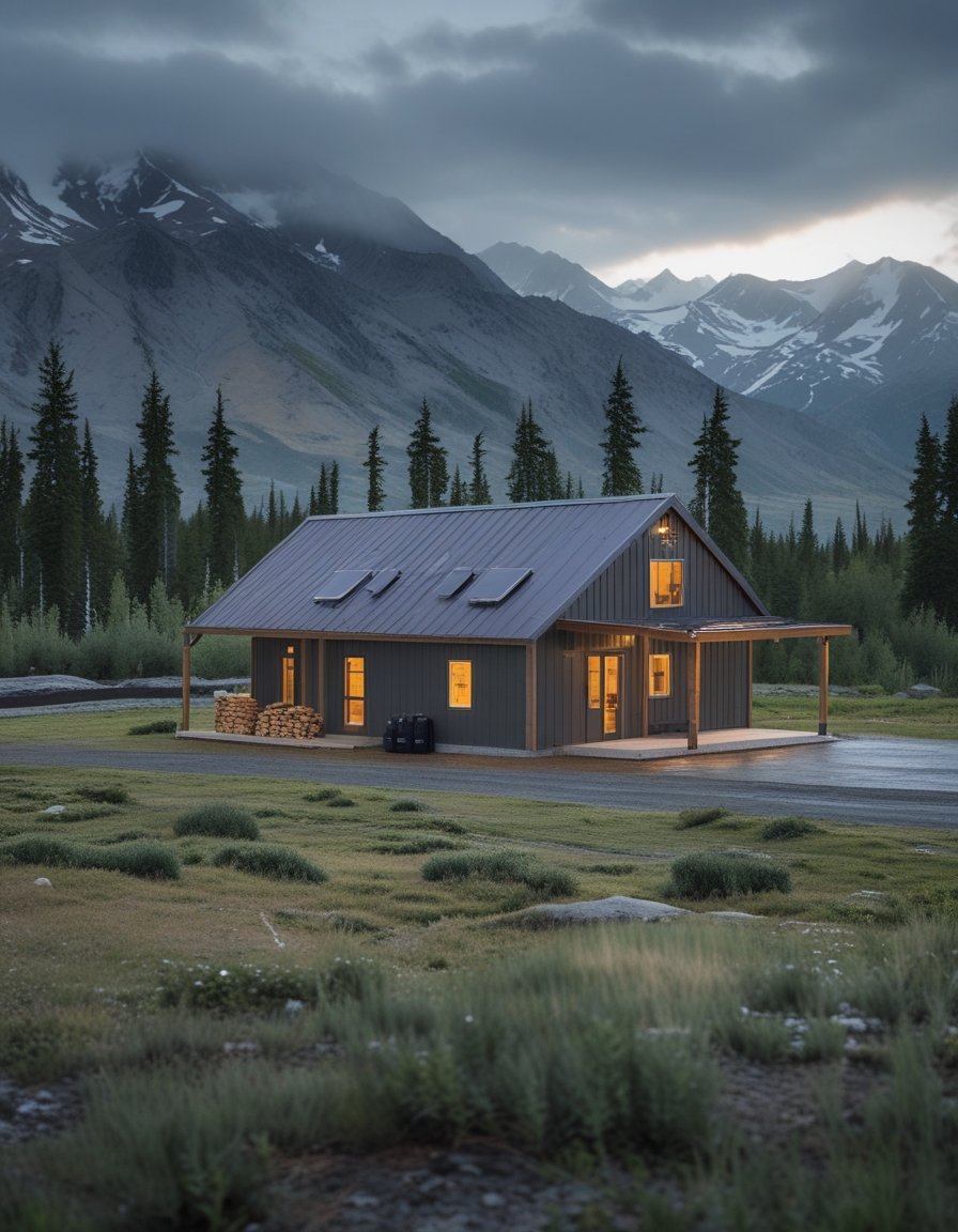 A sturdy barndominium stands alone in an Alaskan wilderness landscape surrounded by trees, mountains, and open meadow.