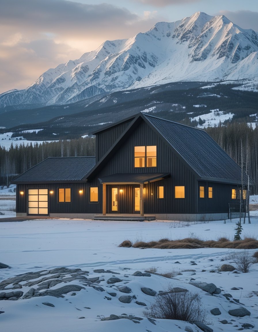 A modern barndominium stands in a snowy Alaskan wilderness beneath rugged mountains.