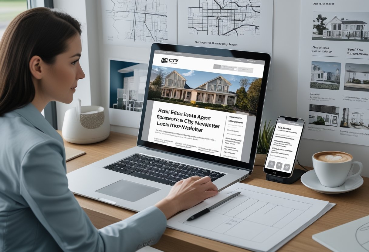 A real estate agent reviews a local newsletter campaign at a desk with a laptop, city map, neighborhood images, and marketing materials.