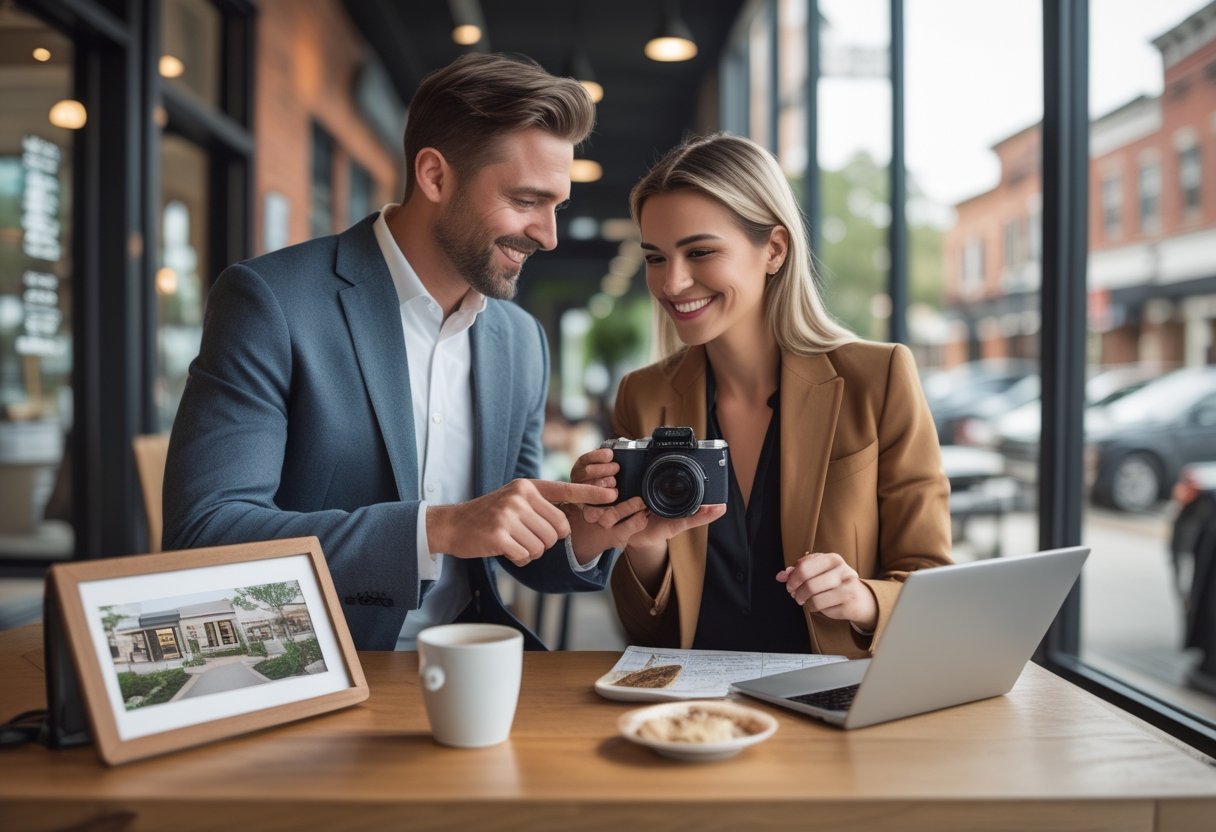 A real estate agent and a local lifestyle creator collaborate over a smartphone in a bright neighborhood café.